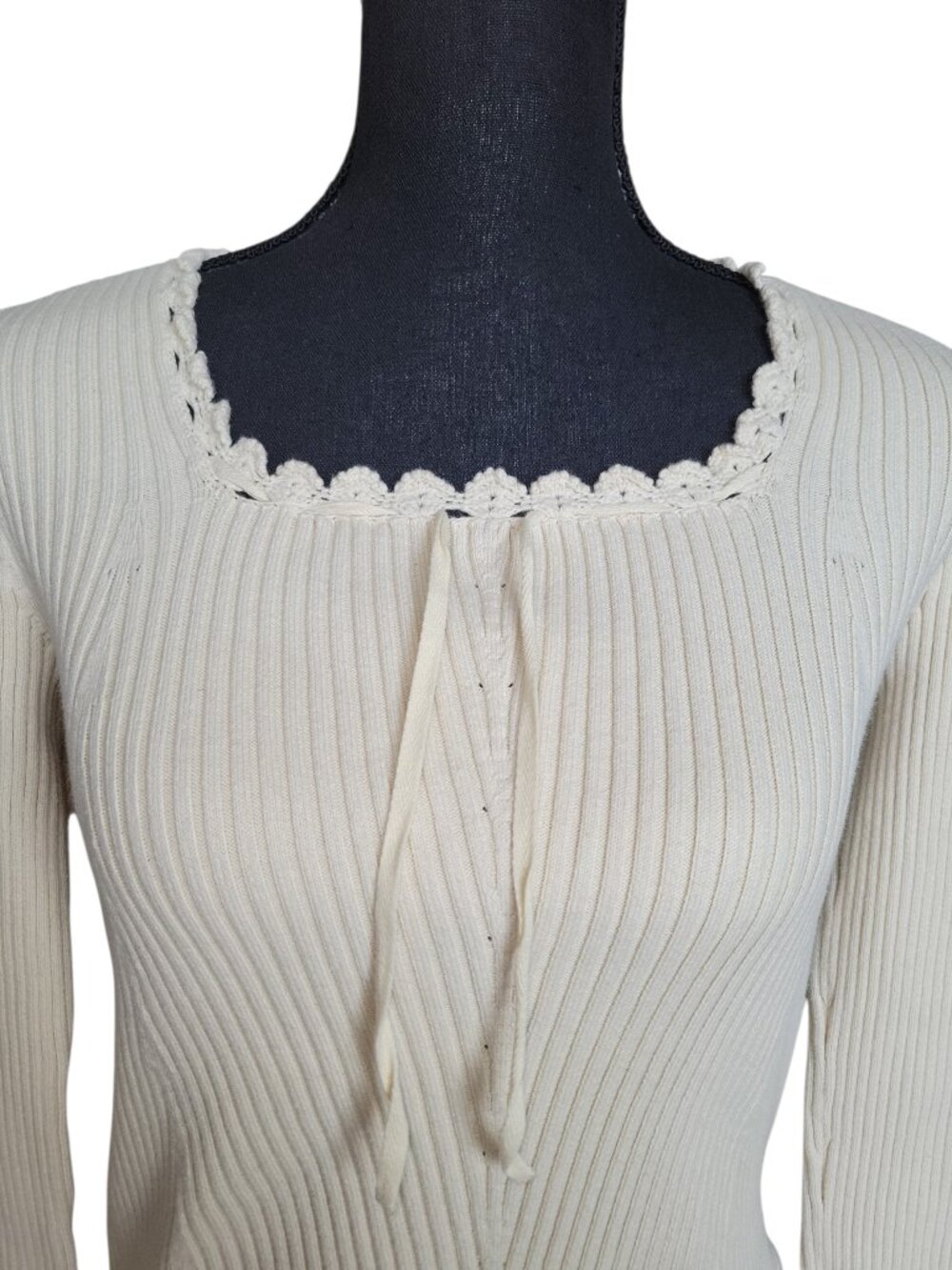 Ralph Lauren Cream Square Neck Lace Trim Ribbed Tie Front Shirt Women's Size M - Picture 3 of 9
